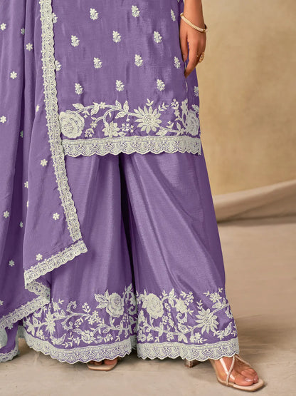 Lavender Chinon Embroidery Work Palazzo Suit