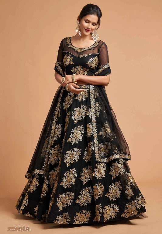 Black Soft Net Lehenga With Zari And Multiple Sequins Embroidery Work