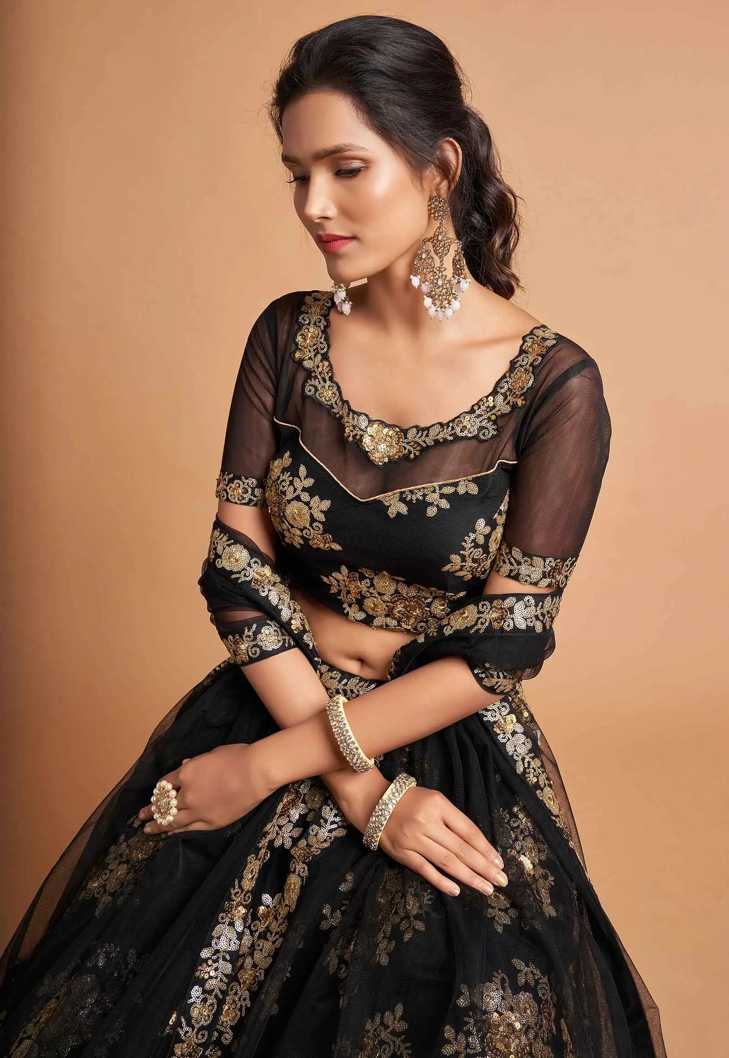 Black Soft Net Lehenga With Zari And Multiple Sequins Embroidery Work