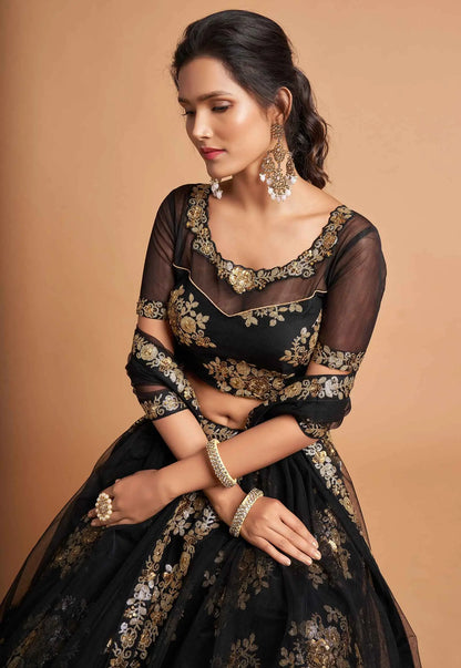 Black Soft Net Lehenga With Zari And Multiple Sequins Embroidery Work