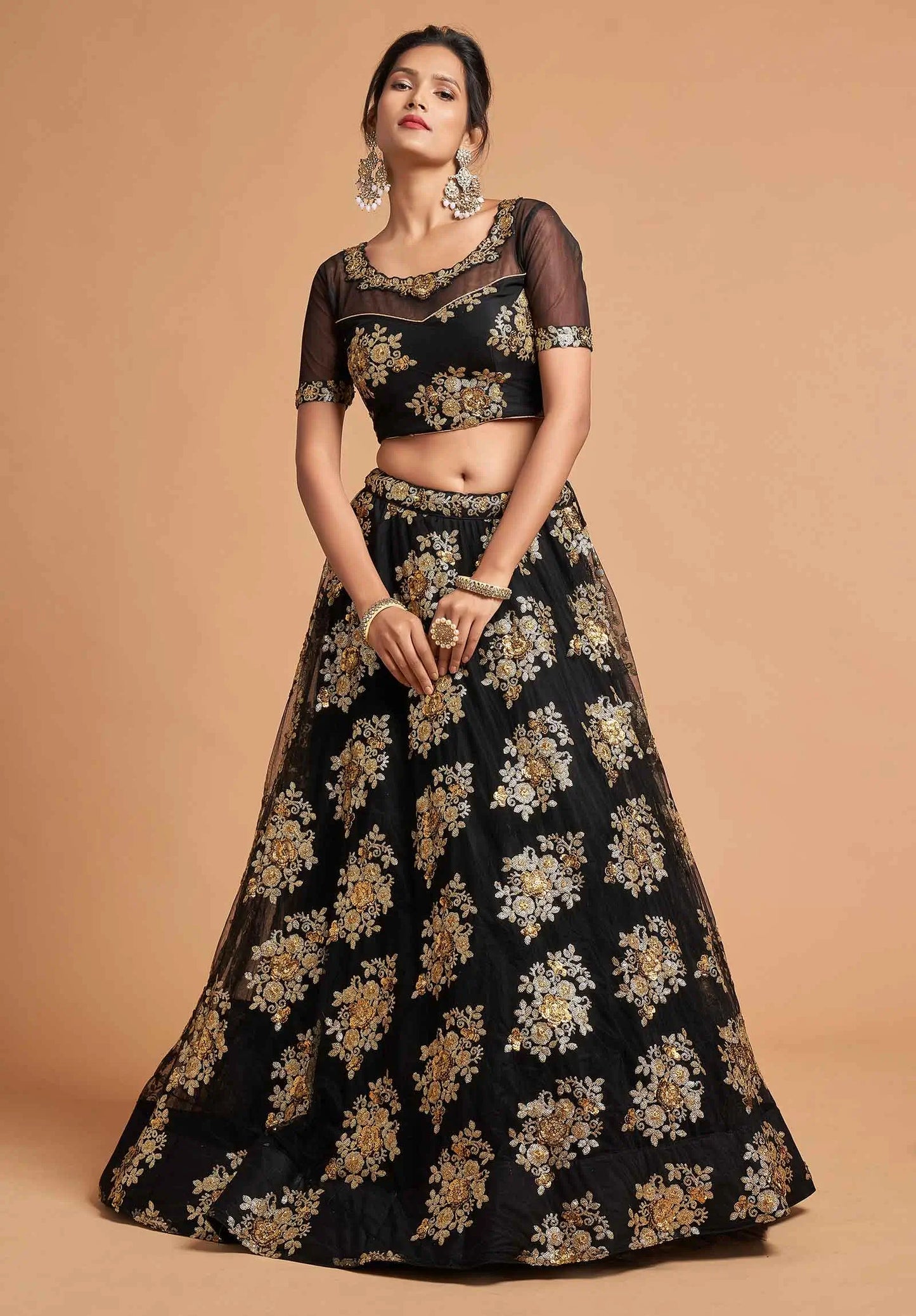 Black Soft Net Lehenga With Zari And Multiple Sequins Embroidery Work