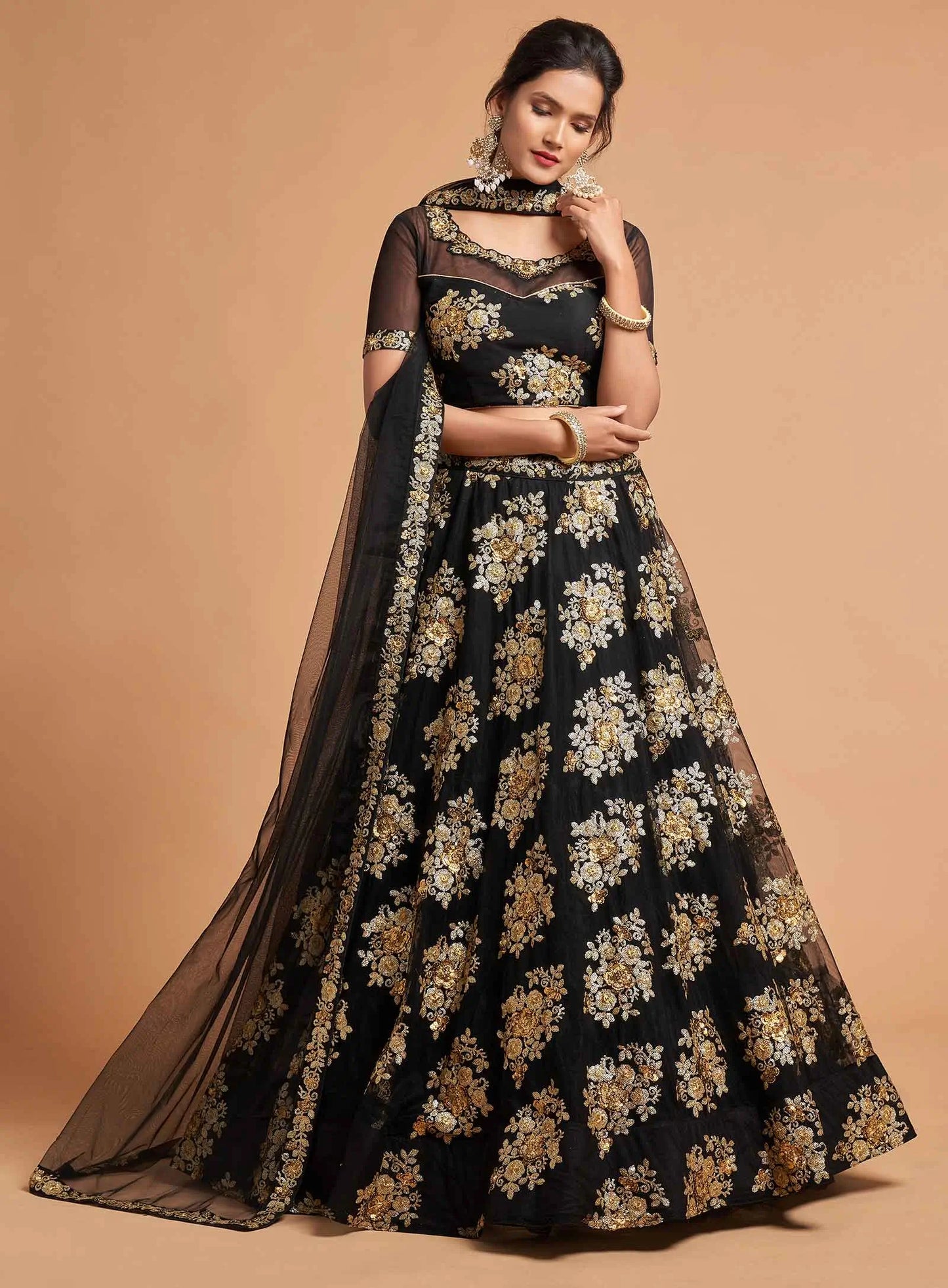 Black Soft Net Lehenga With Zari And Multiple Sequins Embroidery Work