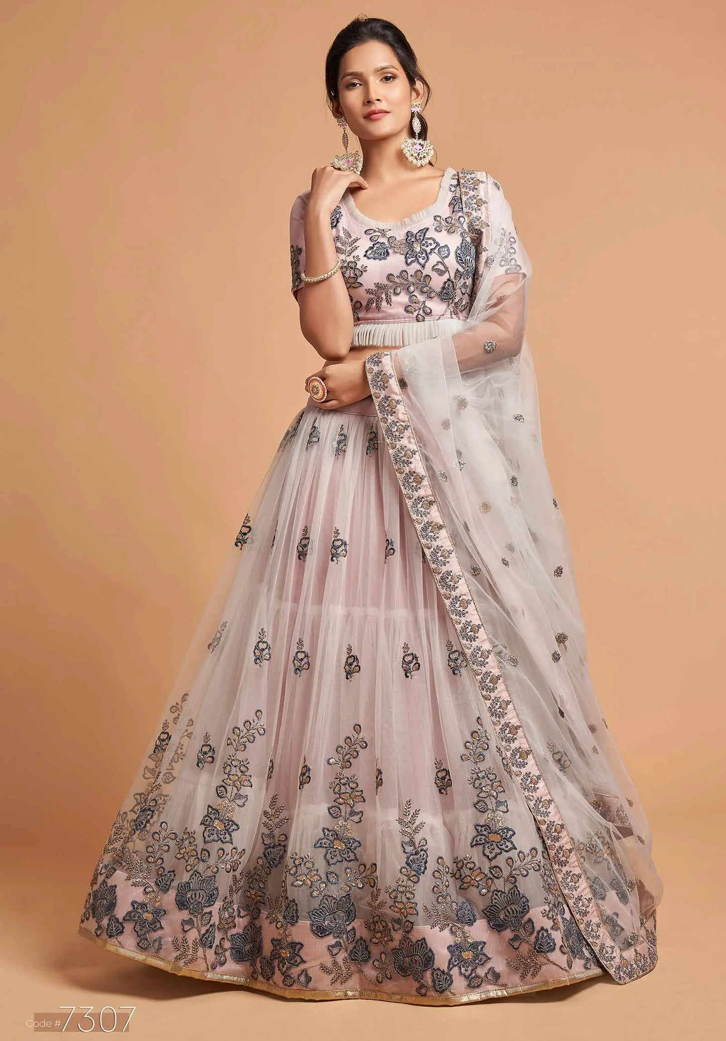 Pinkish Grey Soft Net Lehenga With Thread Zari Dori and Sequins Embroidery Work