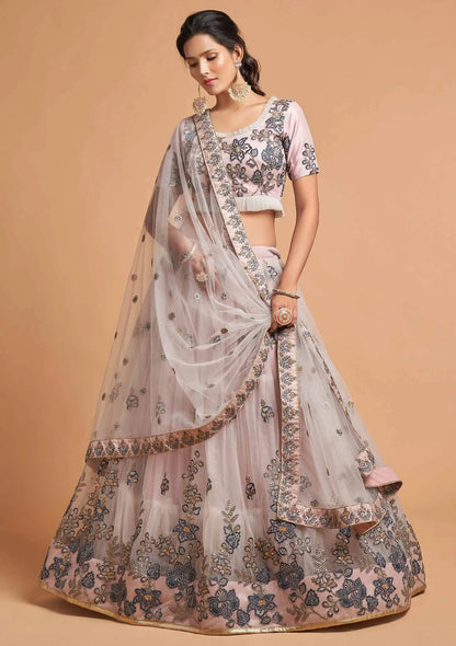 Pinkish Grey Soft Net Lehenga With Thread Zari Dori and Sequins Embroidery Work