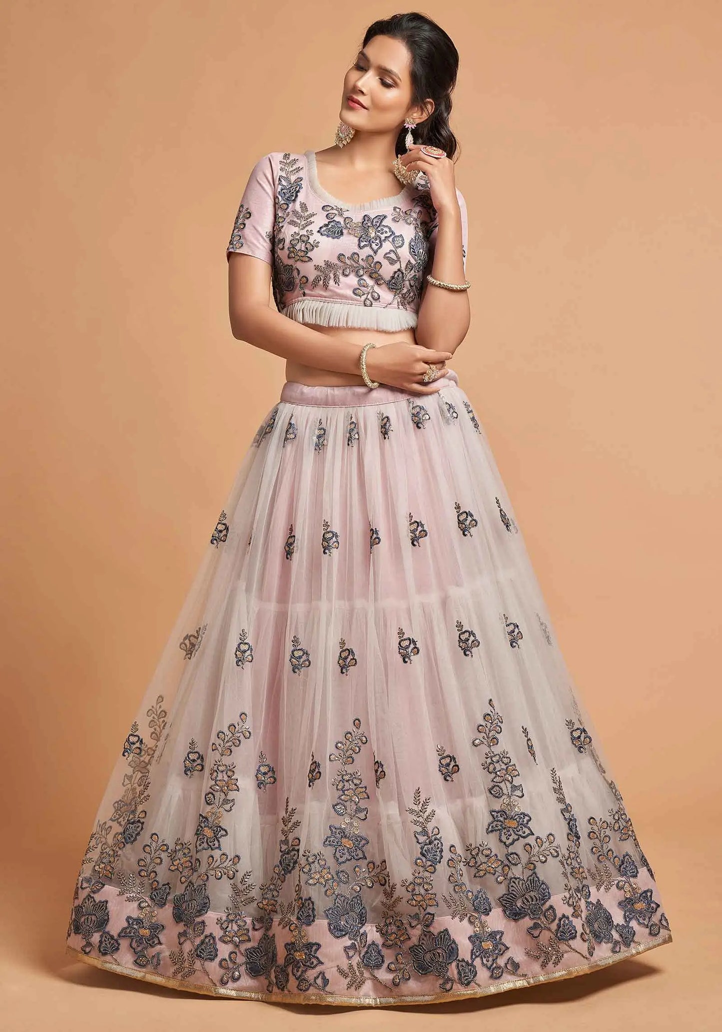 Pinkish Grey Soft Net Lehenga With Thread Zari Dori and Sequins Embroidery Work