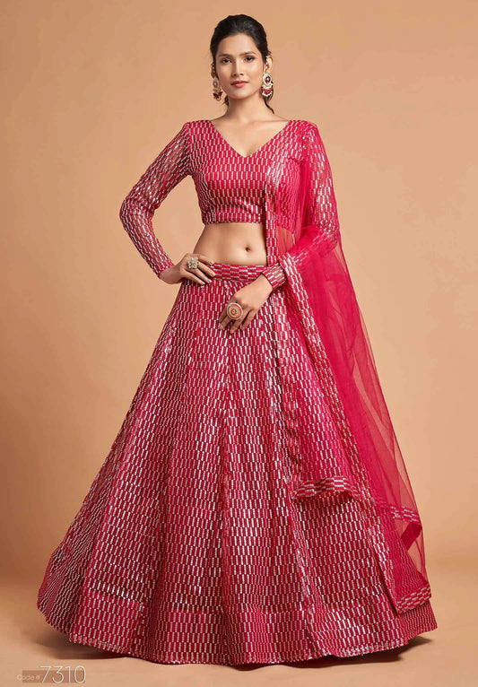 Hot Pink Soft Net Lehenga Choli With Thread And Multiple Sequins Embroidery Work