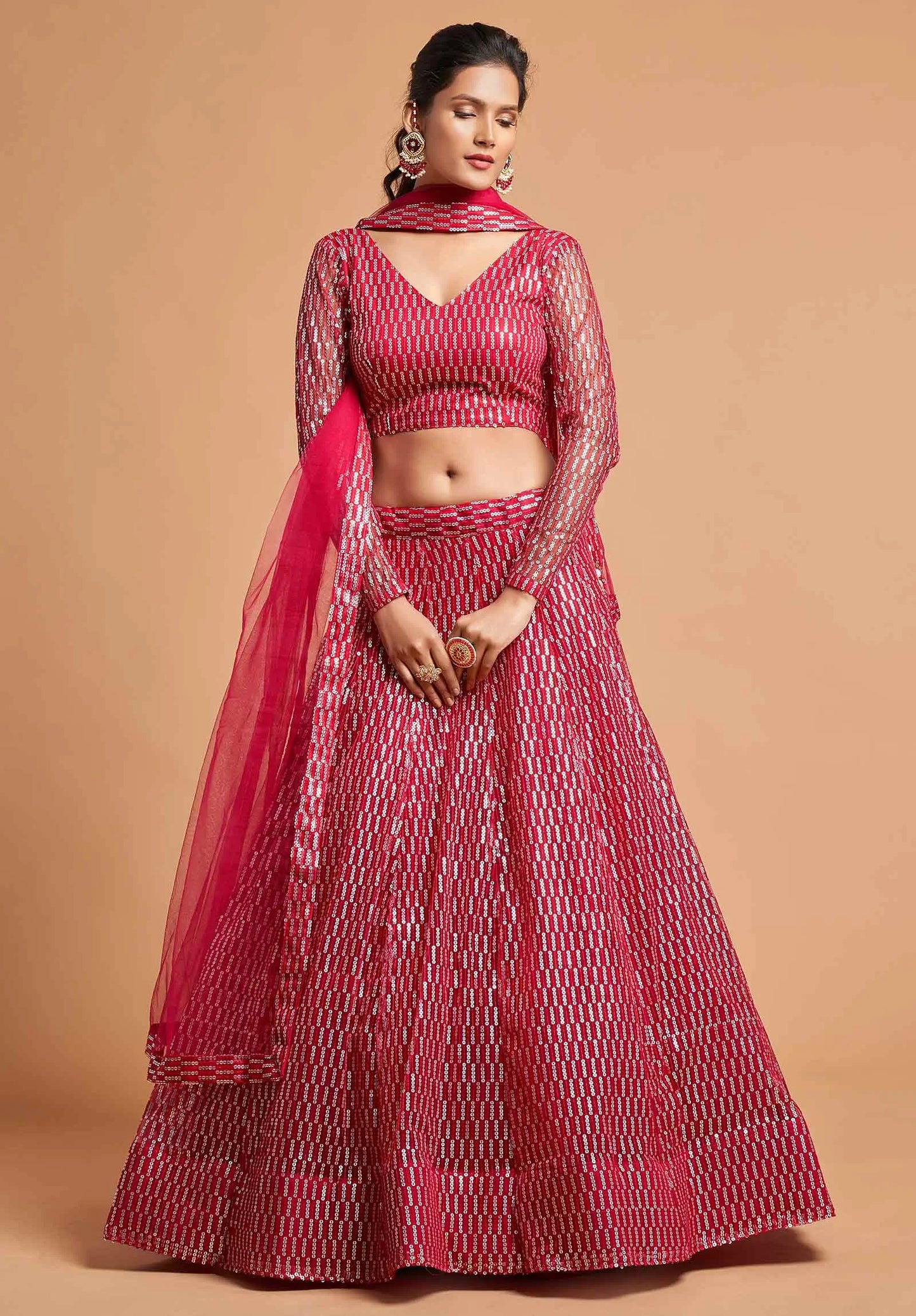 Hot Pink Soft Net Lehenga Choli With Thread And Multiple Sequins Embroidery Work