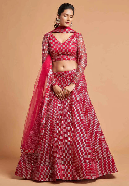 Hot Pink Soft Net Lehenga Choli With Thread And Multiple Sequins Embroidery Work