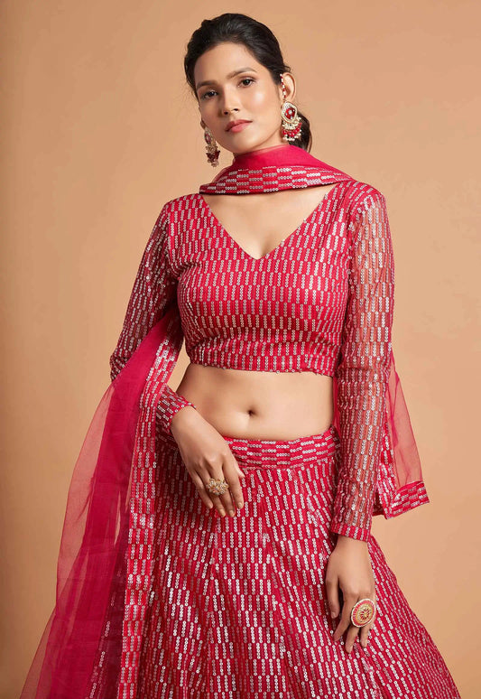 Hot Pink Soft Net Lehenga Choli With Thread And Multiple Sequins Embroidery Work