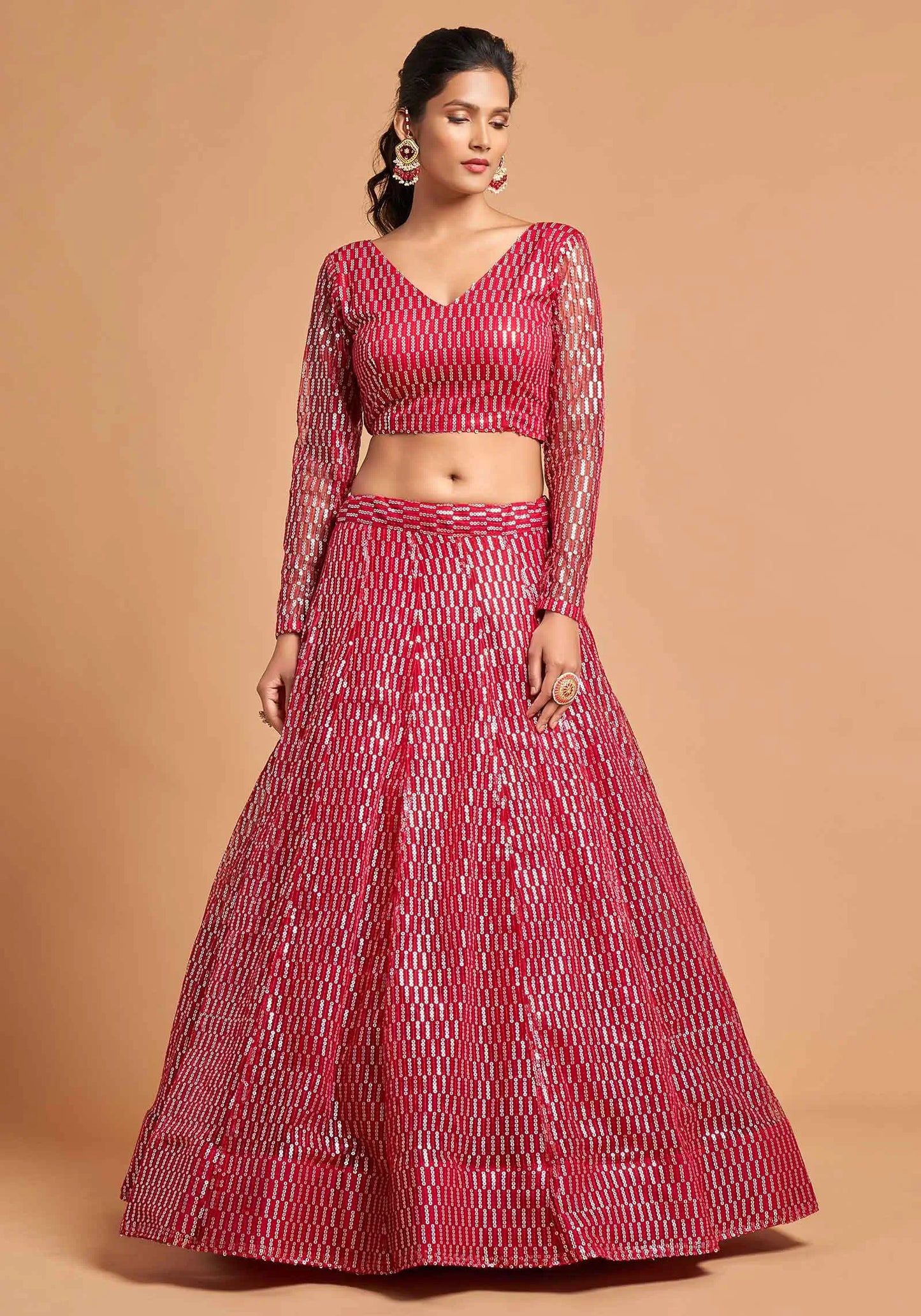 Hot Pink Soft Net Lehenga Choli With Thread And Multiple Sequins Embroidery Work