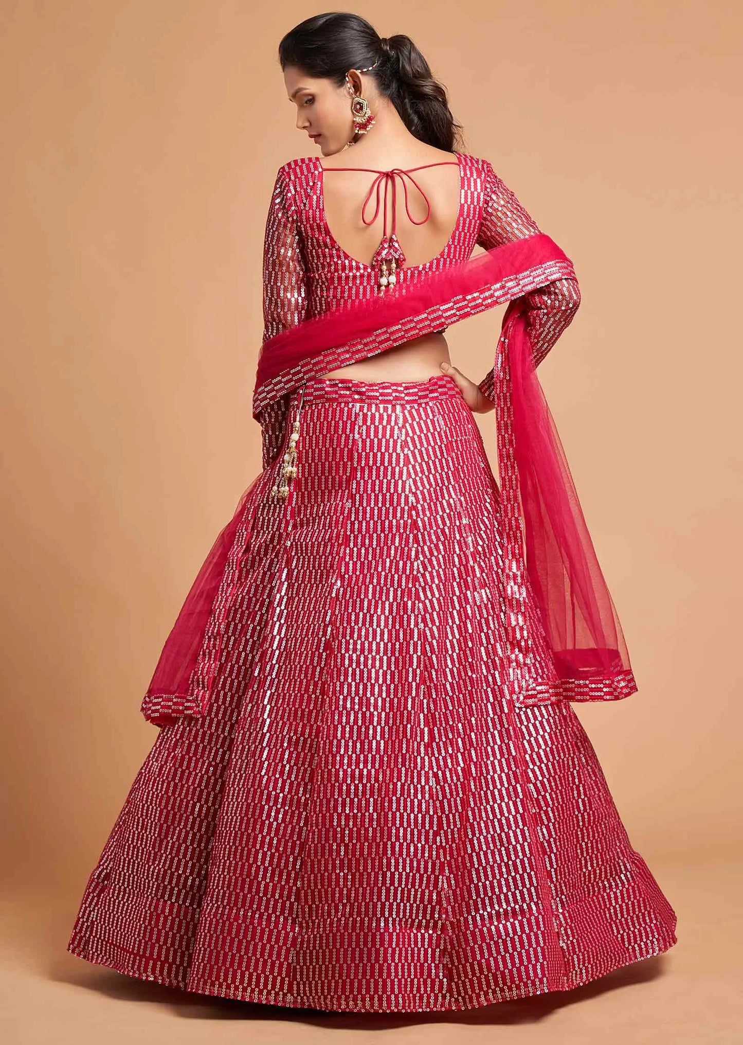 Hot Pink Soft Net Lehenga Choli With Thread And Multiple Sequins Embroidery Work