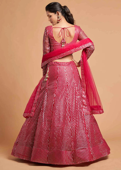 Hot Pink Soft Net Lehenga Choli With Thread And Multiple Sequins Embroidery Work
