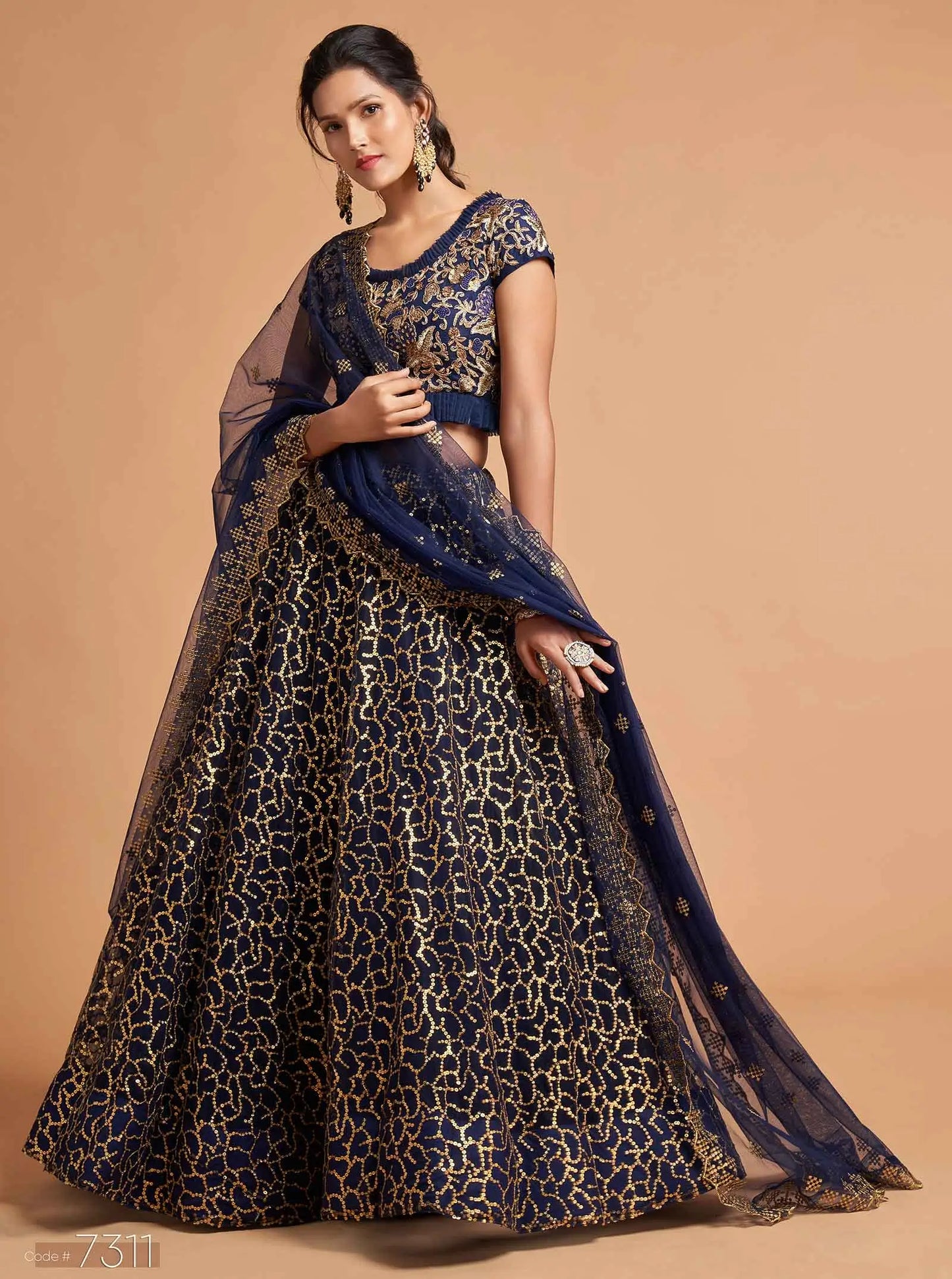 Navy Blue Soft Net Lehenga With Zari Badla Dori And Thread Embroidery Work