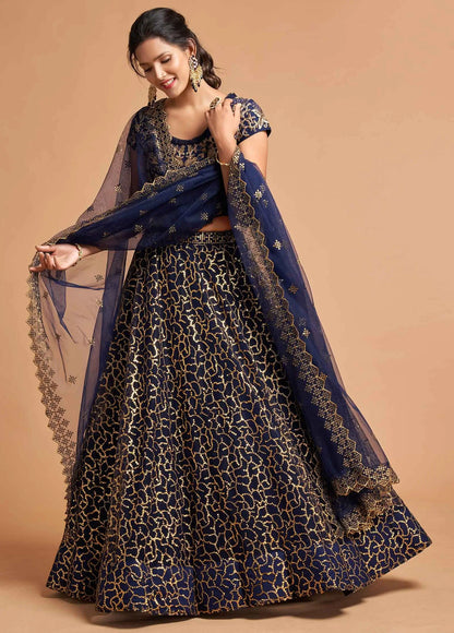 Navy Blue Soft Net Lehenga With Zari Badla Dori And Thread Embroidery Work