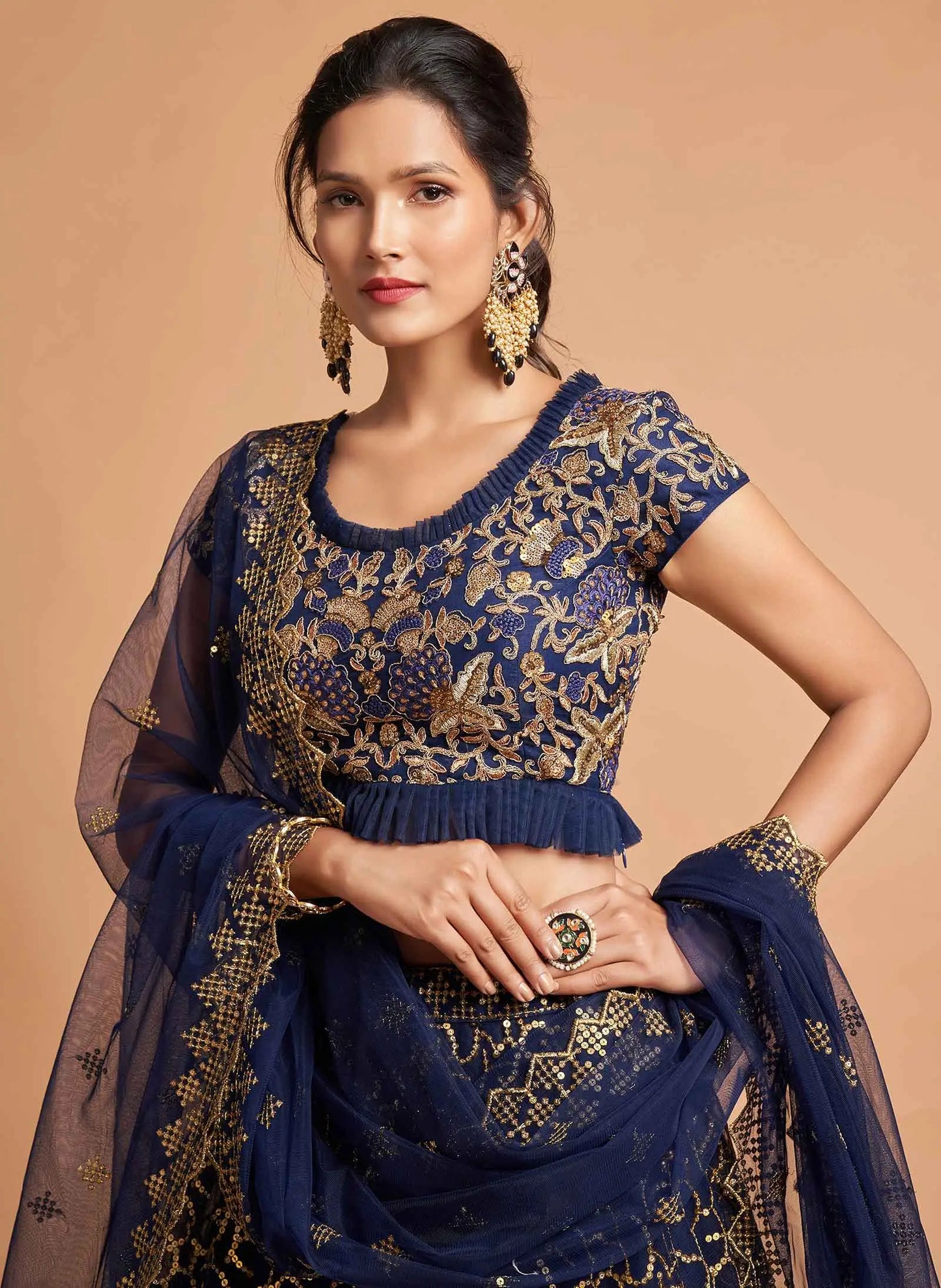 Navy Blue Soft Net Lehenga With Zari Badla Dori And Thread Embroidery Work