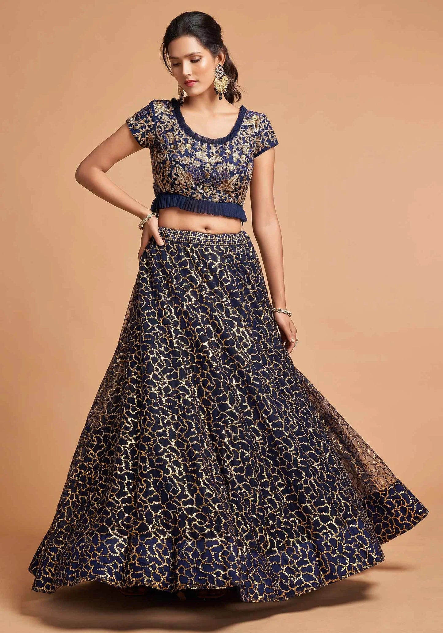 Navy Blue Soft Net Lehenga With Zari Badla Dori And Thread Embroidery Work