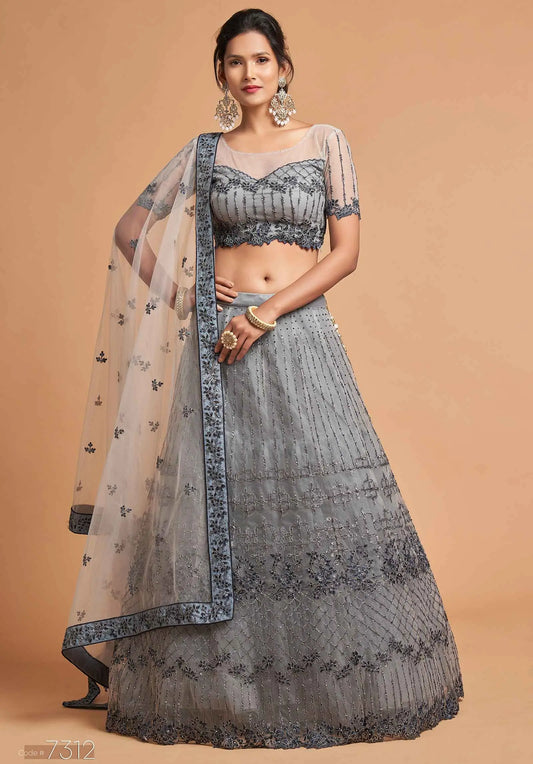 Smokey Grey Soft Net Lehenga With Zari Badla Dori And Thread Embroidery Work