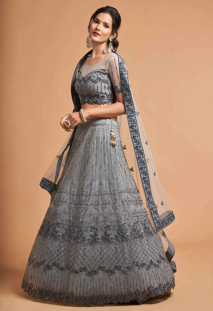 Smokey Grey Soft Net Lehenga With Zari Badla Dori And Thread Embroidery Work