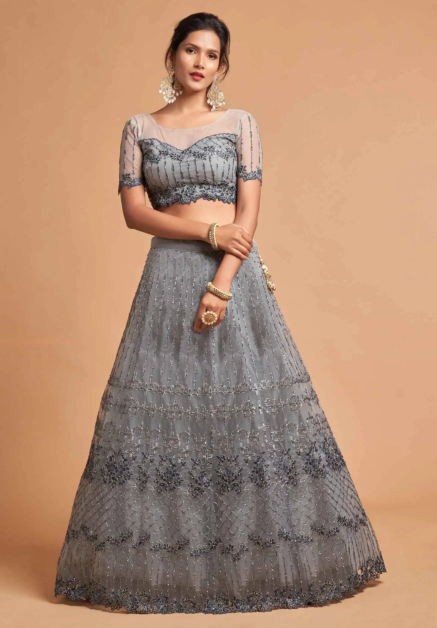 Smokey Grey Soft Net Lehenga With Zari Badla Dori And Thread Embroidery Work