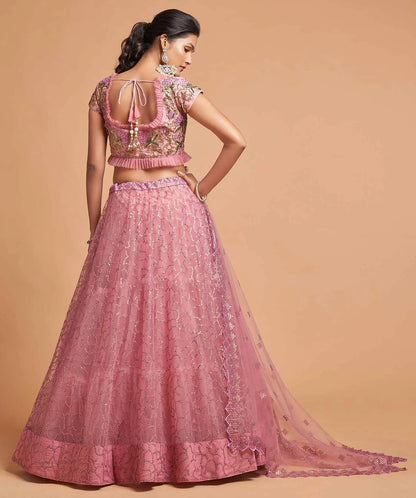 Blush Pink Soft Net Lehenga With Zari Badla Dori And Thread Embroidery Work