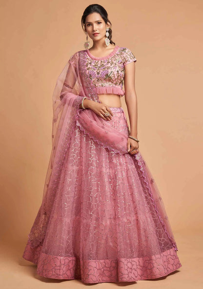 Blush Pink Soft Net Lehenga With Zari Badla Dori And Thread Embroidery Work