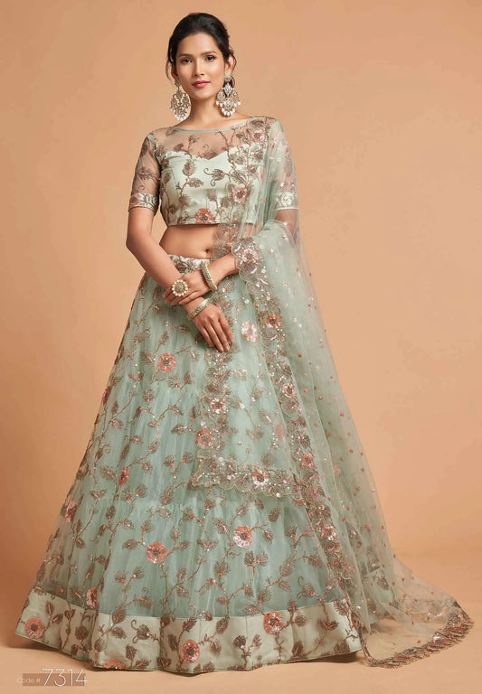 Spanish Green Soft Net Lehenga With Zari Badla Dori And Thread Embroidery Work
