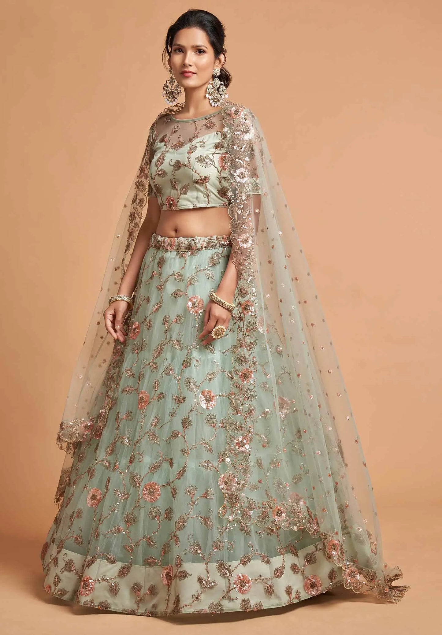 Spanish Green Soft Net Lehenga With Zari Badla Dori And Thread Embroidery Work
