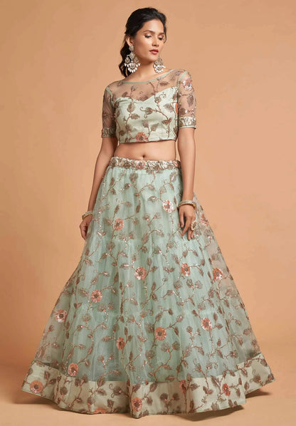 Spanish Green Soft Net Lehenga With Zari Badla Dori And Thread Embroidery Work