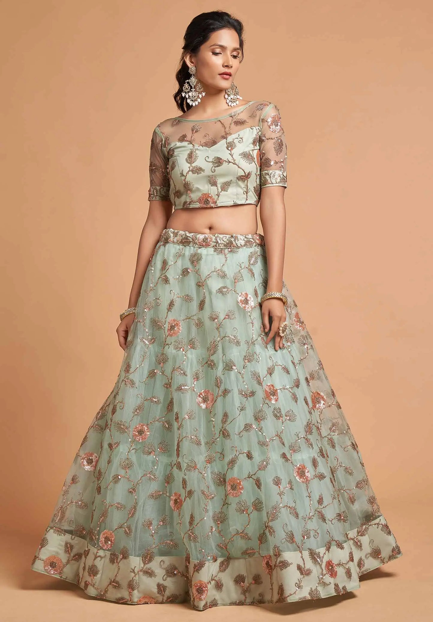 Spanish Green Soft Net Lehenga With Zari Badla Dori And Thread Embroidery Work