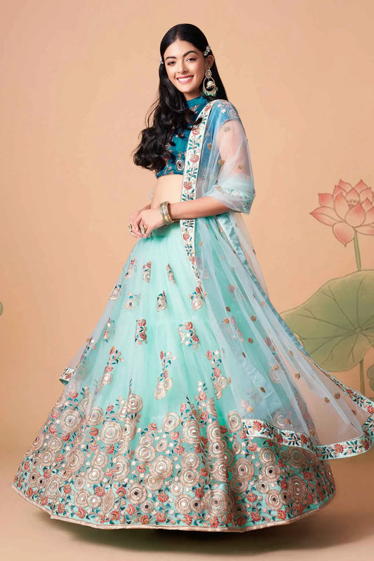 Sky Blue Net Lehenga With Thread Zari Dori And Sequins Embroidery With Mirror Work