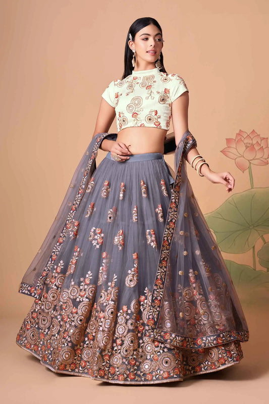 Grey Soft Net Lehenga With Thread Zari Dori And Sequins Embroidery With Mirror Work