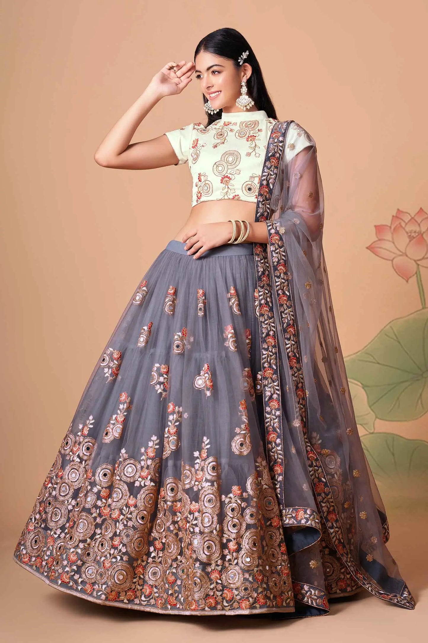 Grey Soft Net Lehenga With Thread Zari Dori And Sequins Embroidery With Mirror Work