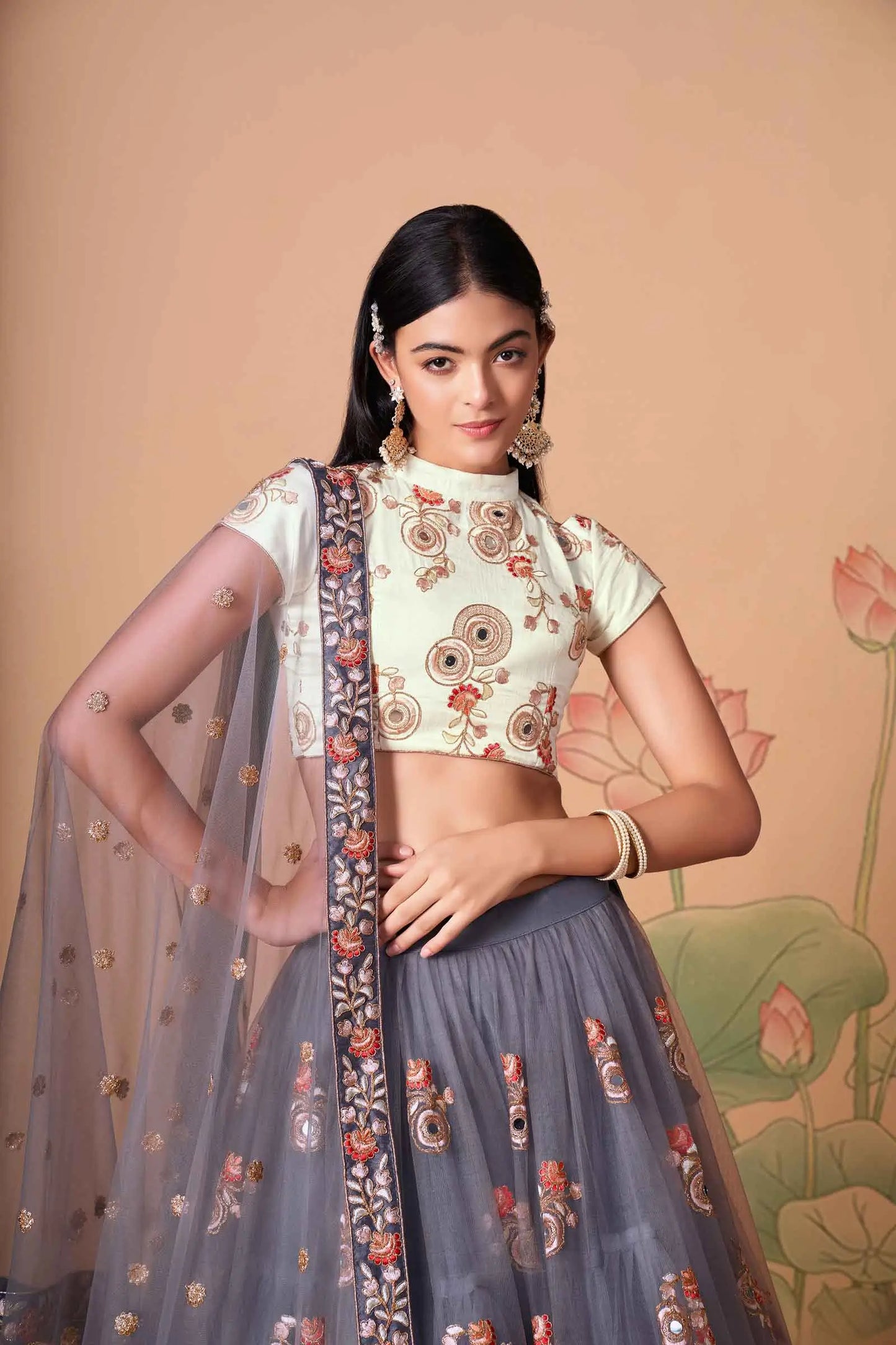 Grey Soft Net Lehenga With Thread Zari Dori And Sequins Embroidery With Mirror Work