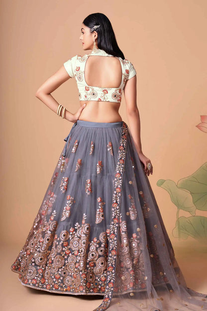 Grey Soft Net Lehenga With Thread Zari Dori And Sequins Embroidery With Mirror Work