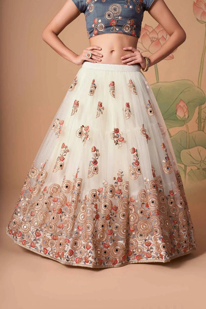 Off White Soft Net Lehenga With Thread Zari Dori And Sequins Embroidery With Mirror Work