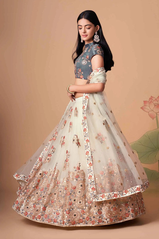 Off White Soft Net Lehenga With Thread Zari Dori And Sequins Embroidery With Mirror Work