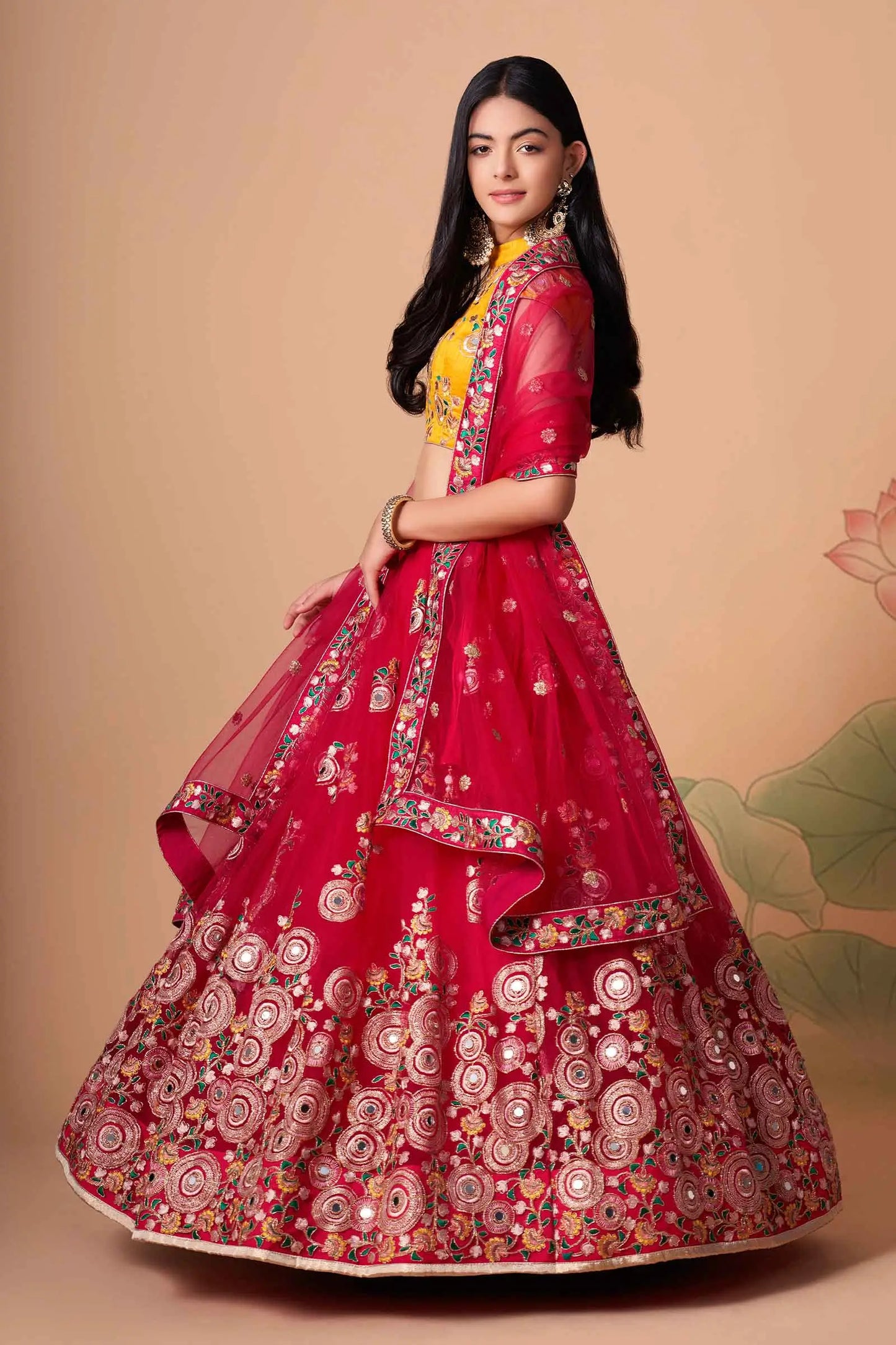Red Soft Net Lehenga With Thread Zari Dori And Sequins Embroidery With Mirror Work