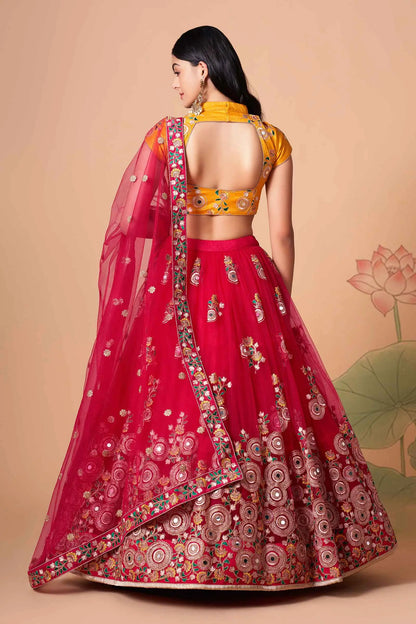 Red Soft Net Lehenga With Thread Zari Dori And Sequins Embroidery With Mirror Work