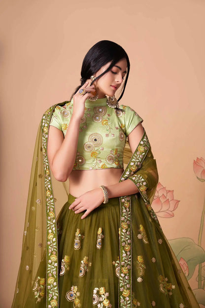 Mehndi Soft Net Lehenga With Thread Zari Dori And Sequins Embroidery With Mirror Work