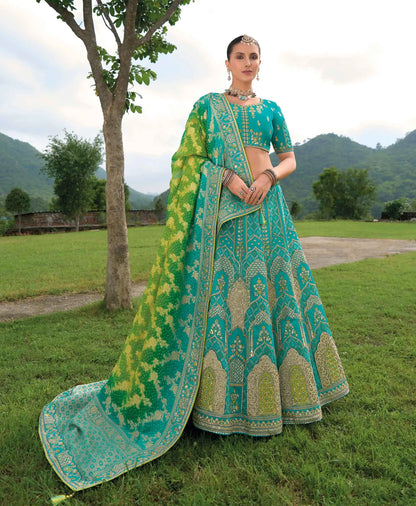 Teal Bridal Lehenga With Heavy Khatli & Embroidery Work