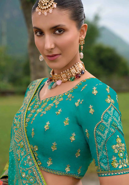 Teal Bridal Lehenga With Heavy Khatli & Embroidery Work