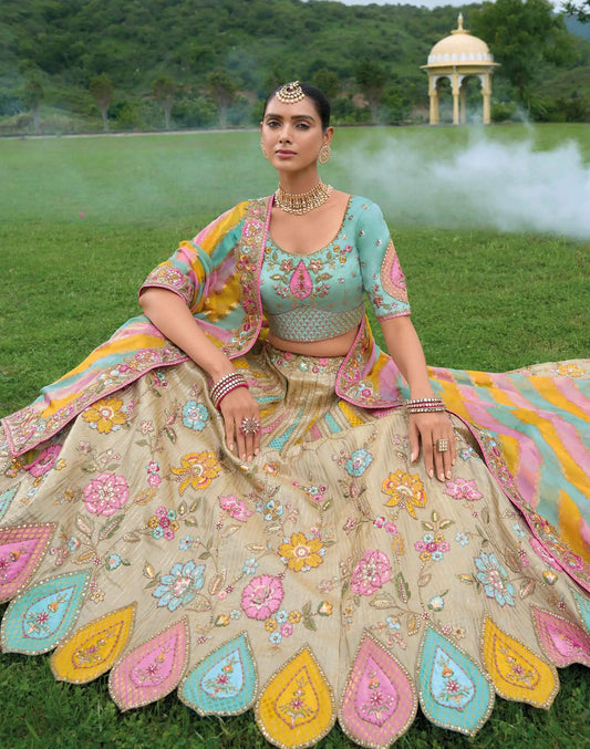 Multi Pastel Heavy Khatli & Embroidery Work Bridal Lehenga