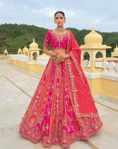 Orange Pink Bridal Lehenga With Heavy Khatli & Embroidery