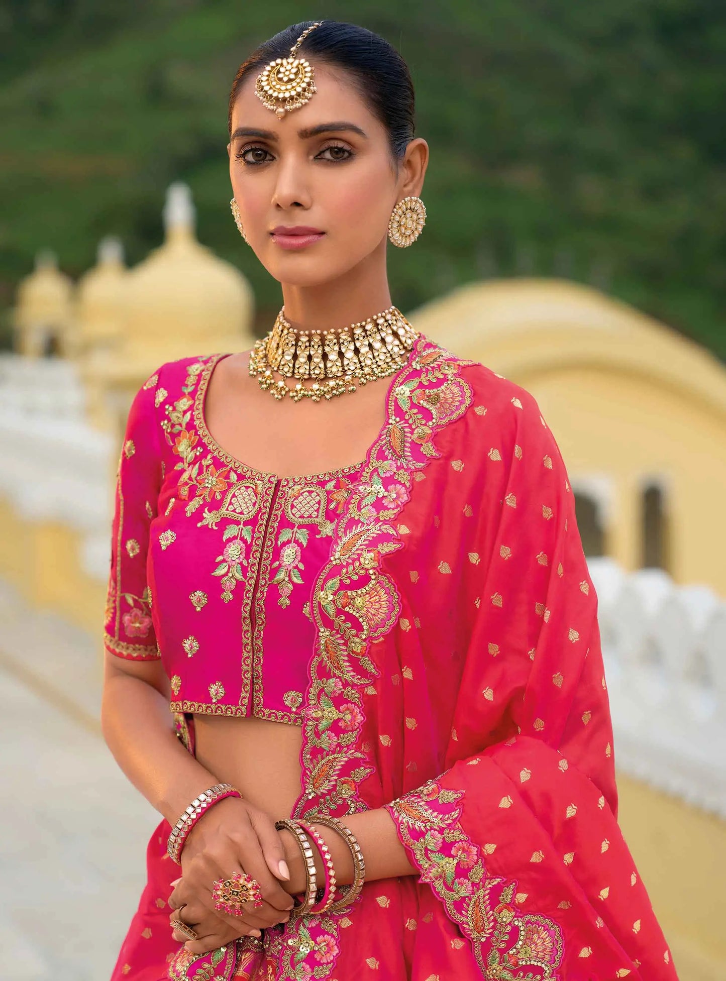 Orange Pink Bridal Lehenga With Heavy Khatli & Embroidery