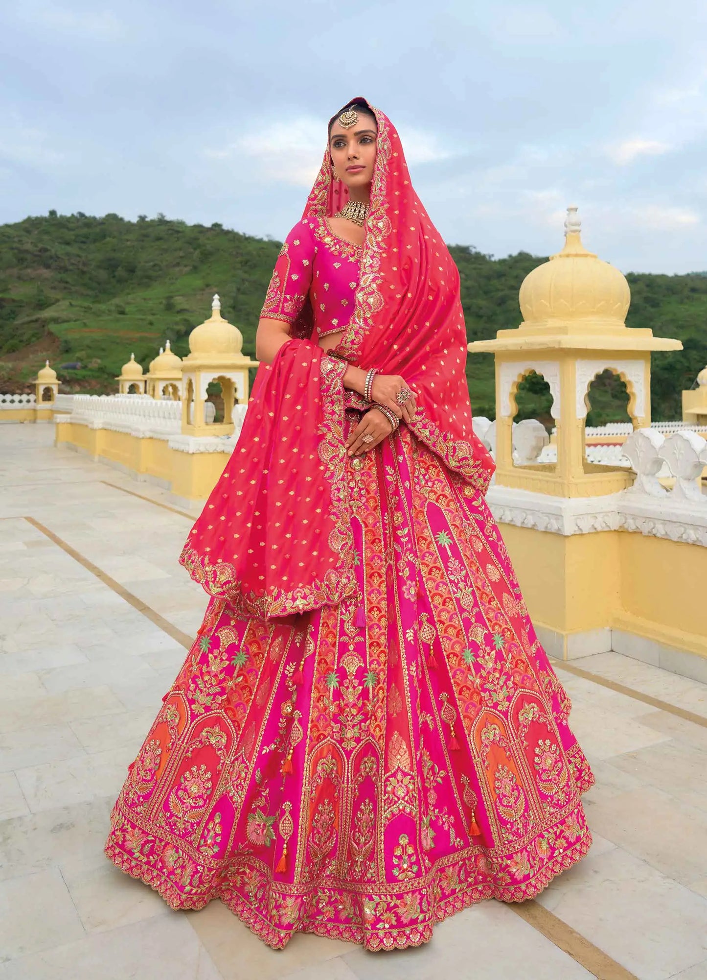 Orange Pink Bridal Lehenga With Heavy Khatli & Embroidery