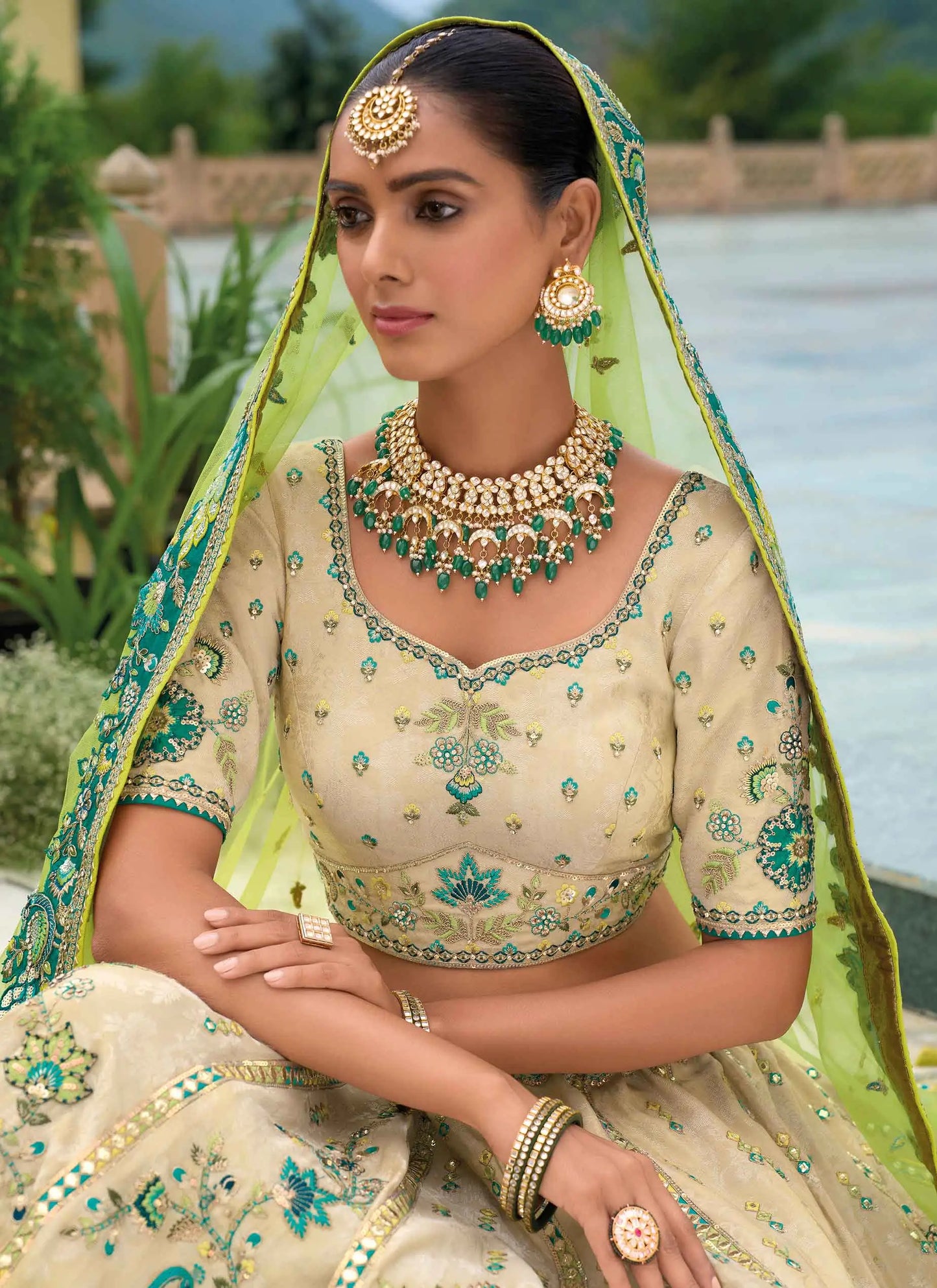 Beige Bridal Lehenga With Heavy Embroidery Peacock Work