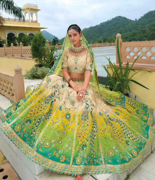 Beige Bridal Lehenga With Heavy Embroidery Peacock Work