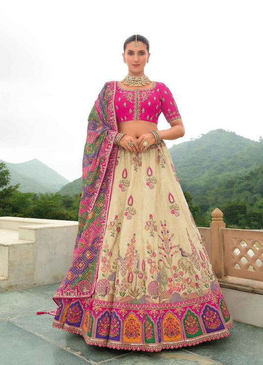 Beige Heavy Khatli & Embroidery Work Bridal Lehenga