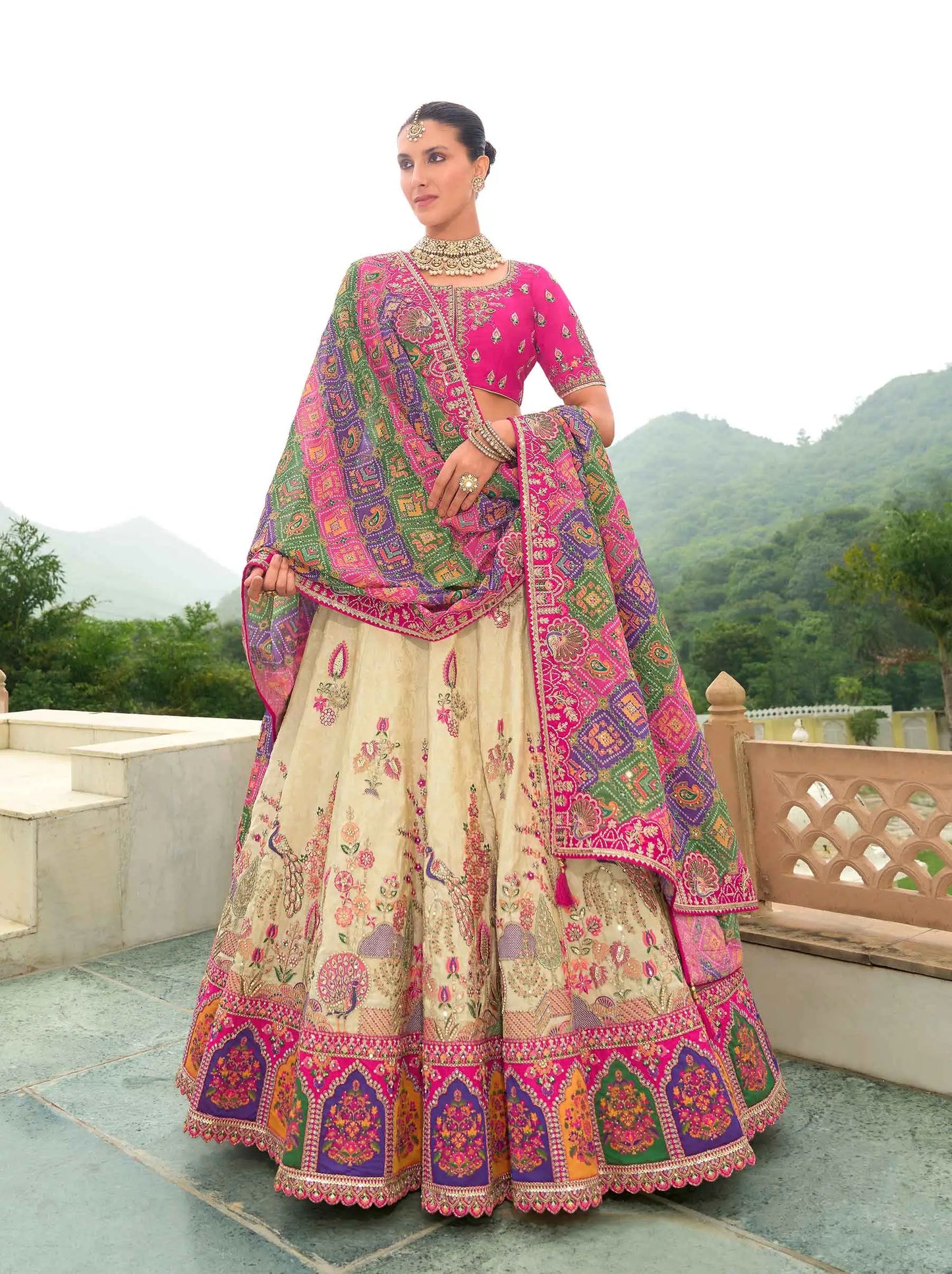Beige Heavy Khatli & Embroidery Work Bridal Lehenga