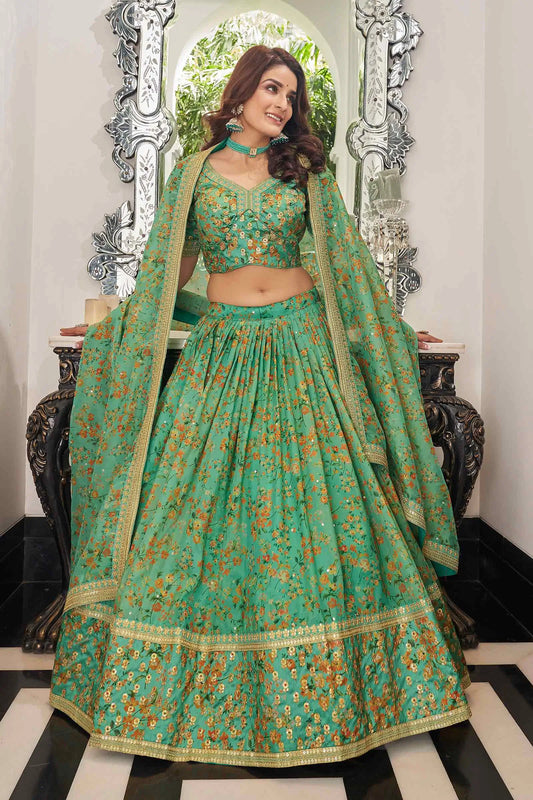 Pista Organza Floral Print Lehenga With Thread Zari Dori And Sequins Embroidery Work